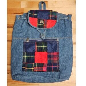 Classic Traditions Vintage Denim Patchwork Backpack Plaid Rucksack Blue Medium